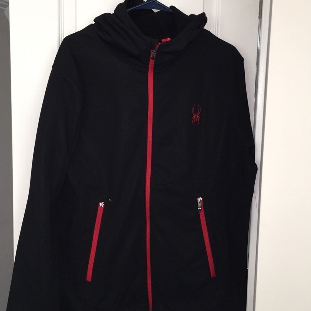 Black w/Red trim Spyder polar fleece hooded ski winter zipper snowboard jacket L